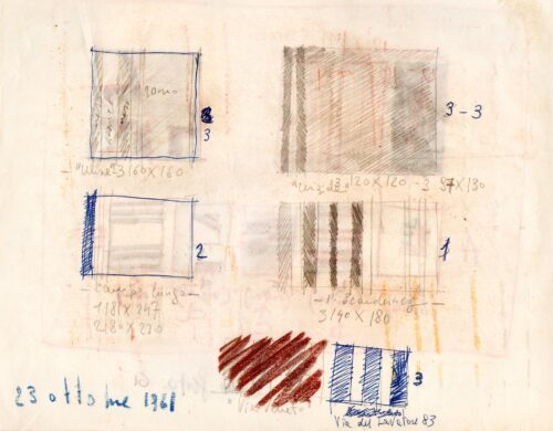 1961 23 ottobre<br>grafite, penna, pastelli su carta<br>cm 24x34