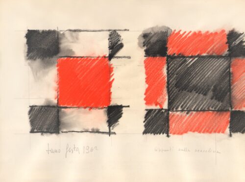 1962<br>Appunti sulla scacchiera<br>grafite e pastelli acquarellati su carta<br>cm 23x33
