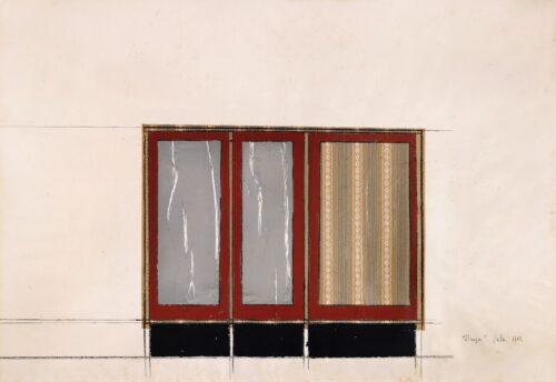 1962<br>'Stanza'<br> grafite, smalto ,collage su carta<br>cm 70x100