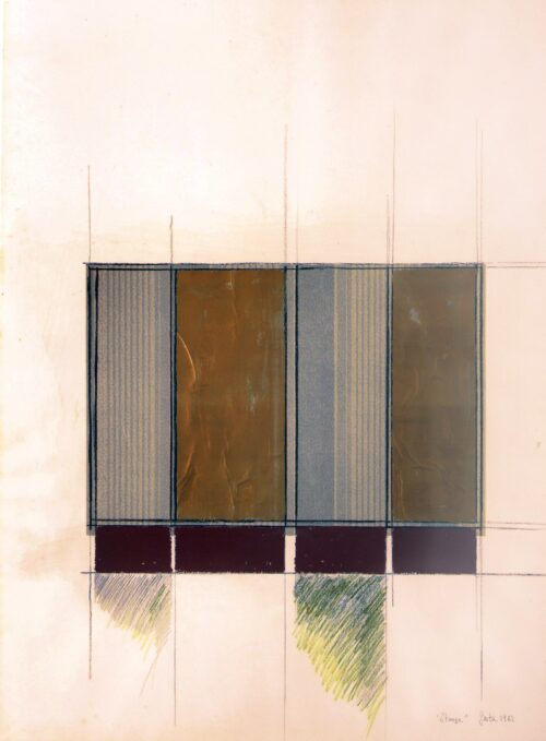 1962<br>'Stanza'<br>grafite, smalto, collage su carta<br>cm 100x70