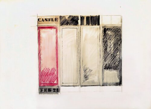 1962 21 febbraio<br>Castle, Feb 21<br>grafite e pastelli acquarellati su carta<br>cm 70x100