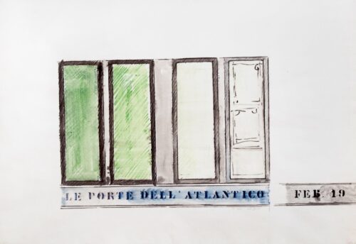1962<br>Le porte dell'Atlantico, Feb.19<br>grafite e pastelli acquarellati su carta<br>cm 70x100
