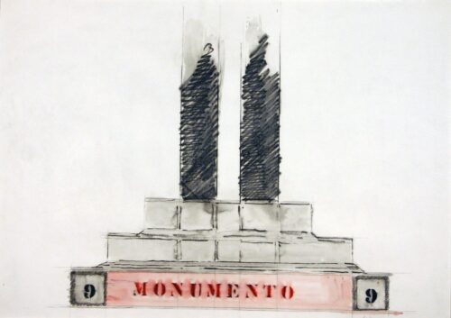 1962<br>' Monumento nove '<br>grafite, tempera, pastelli acquarellati su carta<br>cm 50x70
