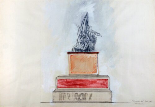 1962<br>Monumento a Don Chisciotte<br>grafite, tempera, pastelli acquarellati su carta<br>cm 70x100