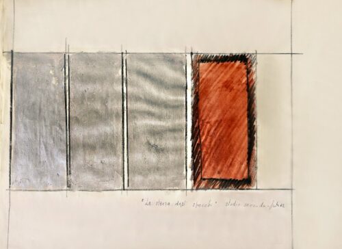 1962<br>La stanza degli specchi<br>' studio secondo '<br>smalto e pastelli acquarellati su carta<br>cm 32,5x47