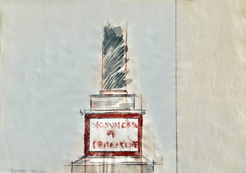 1962 16 maggio<br>Monumento a Crhis Kline<br> tempera e pastelli acquarellati su carta<br>cm 32,5x47
