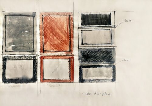 1962<br>'Quattro studi'<br>grafite e pastelli acquarellati su carta<br>cm 32,5x47