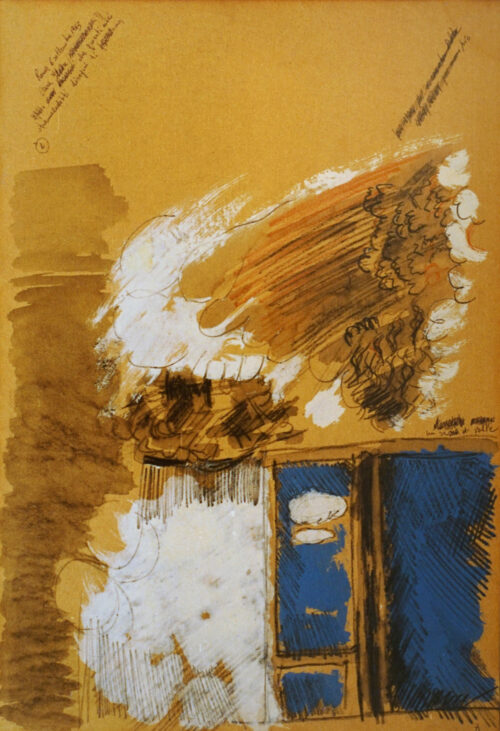 1963 6 settembre<br>' A...che questi miei stramaledetti disegni ti ..ano '<br>pennarello, tempera, pastelli su carta<br>cm 46x32