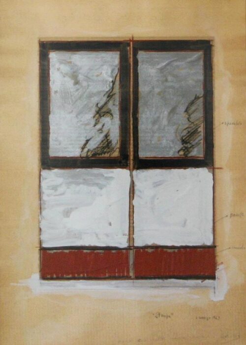 1963 6 marzo<br> Stanza, a Luisa con molta comprensione<br>tecnica mista su carta<br> cm 70x50