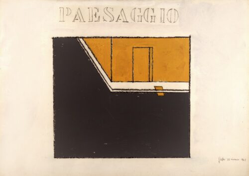 1963 25 marzo<br>Paesaggio<br>grafite, tempera, smalto su carta<br> cm 70x100