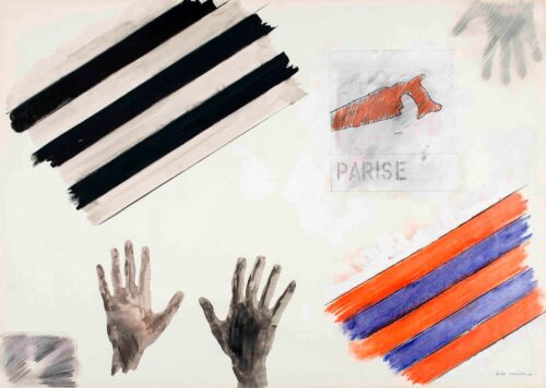 1964 novembre<br> Parise<br>grafite, tempera, smalto, pastelli acquarellati su carta<br>cm 70x100