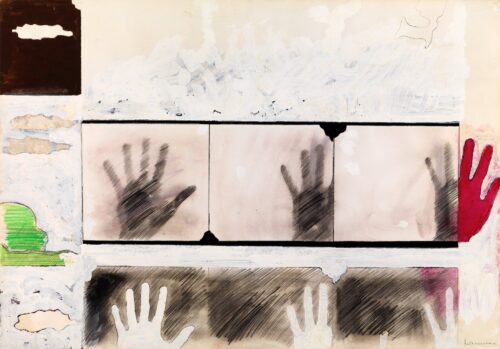 1964 novembre<br>grafite, tempera, smalto, pastelli acquarellati su carta<br>cm 70x100