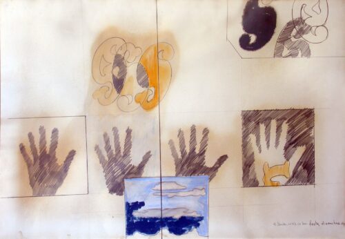 1964 dicembre<br>a Sandro, Natale '64<br>grafite, smalto, pastelli acquarellati su carta<br>cm 70x100