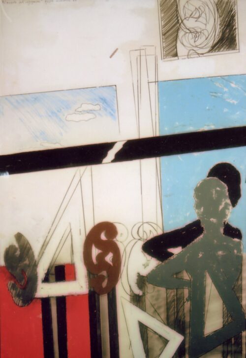 1964 dicembre<br>L'amante dell'ingegnere<br>grafite, smalto, pastelli acquarellati su carta<br>cm 100x70