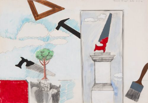 1964 20 dicembre<br> Monumento alla sega<br>grafite, matite colorate, smalto su carta<br> cm 70x100