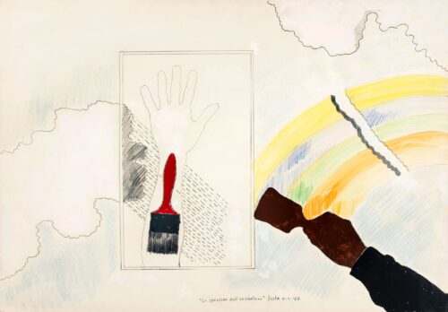 1965 6-1 <br>Lo spessore dell’arcobaleno<br>grafite, smalto, pastelli acquarellati su carta<br> cm 70x100