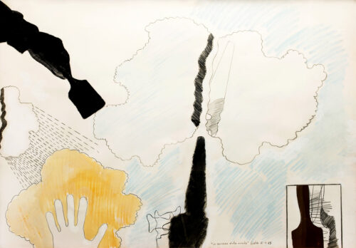 1965 12-1 <br>Lo spessore delle nuvole<br>grafite, smalto, pastelli acquarellati su carta<br>cm 70x100