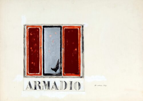 1965 17 marzo<br> Armadio<br>grafite, smalto, tempera,collage fotografico su carta<br>cm 50x70