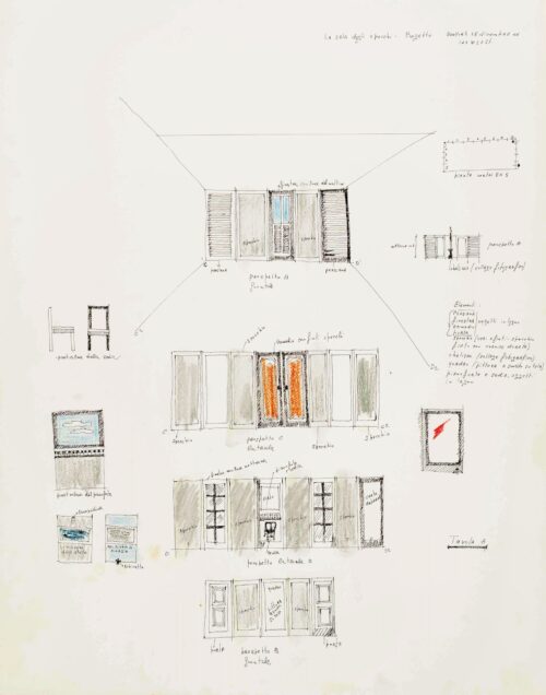 1966 28 dicembre, New York 166W 27St<br>La sala degli specchi, progetto<br>penna a inchiostro e pastelli su carta<br>cm 72x57
