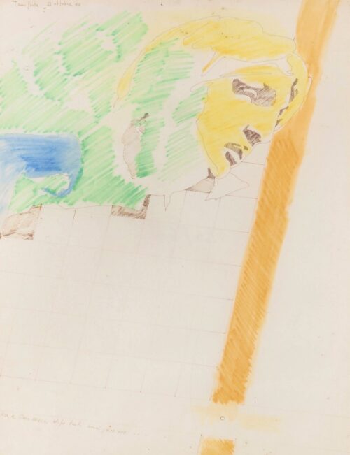 1966 21 ottobre<br>cara Lisa caro Mario dopo tanti anni ecc. ecc.<br>penna a inchiostro e pastelli su carta<br>cm 70x55