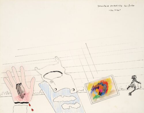 1966 9 dicembre, New York City<br>The Killer<br>penna a inchiostro e pastelli su carta<br>cm 70x100