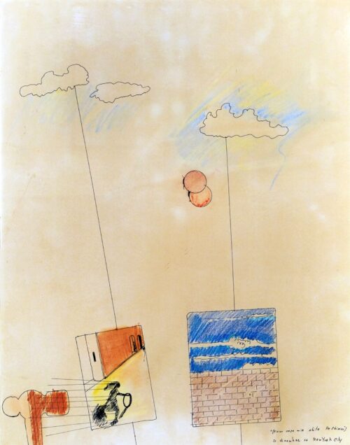 1966 21 dicembre, New York City<br>(vicino casa mia abita De Chirico)<br>penna a inchiostro, tempera, pastelli su carta<br>cm 100x70