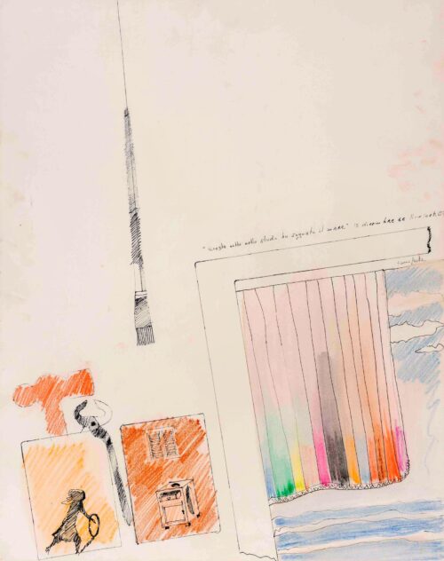 1966<br>New York Questa notte nello studio ho sognato il mare<br> penna a inchiostro e pastelli su carta<br>cm 72x57