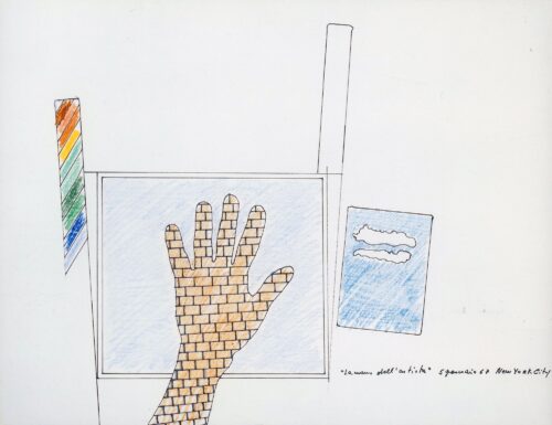 1967 5 gennaio, New York City<br>La mano dell'artista<br>penna a inchiostro e pastelli su carta<br>cm 50x70