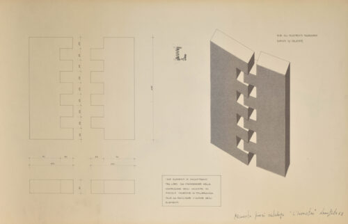 1968 dicembre<br>L Elemento fuori catalogo, L'incastro<br> disegno tecnico fatto eseguire dall'artista<br>cm 51x82