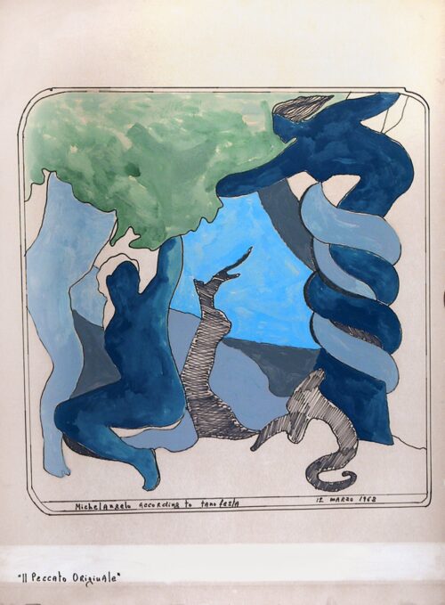 1968 12 marzo<br> Michelangelo according to Tano Festa, Il peccato originale<br>pennarello, smalto, tempera su carta<br>cm 100x70