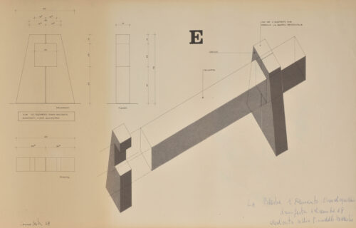 1968 dicembre<br>E La palestra 1 elemento, l'Asse di Equlibrio, dedicato a Ninì Pirandello De Martiis<br> disegno tecnico fatto eseguire dall'artista<br>cm 51x82