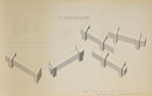 1968 4 dicembre<br> La palestra, ostacoli sul pavimento oppure il sollevamento dei pesi<br>disegno tecnico fatto eseguire dall'artista<br>cm 51x82