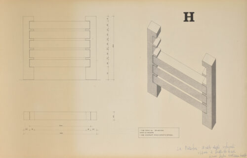 1968 4 dicembre<br>H La palestra, Il pallottoliere<br>disegno tecnico fatto eseguire dall'artista<br>cm 51x82