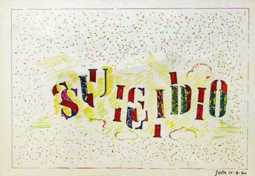1970 16-8<br>Suicidio<br> pennarelli su carta<br>cm 70x100