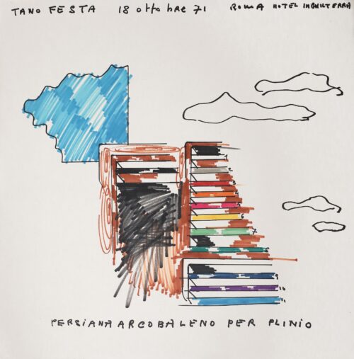 1971 18 ottobre<br> Roma Hotel d'Inghilterra<br>Persiana arcobaleno per Plinio<br>pennarelli su carta<br>cm 50x50