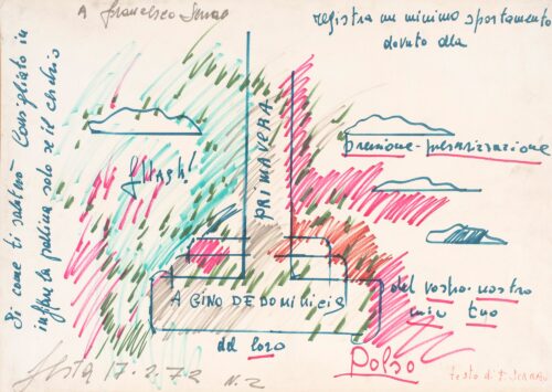 1972 17-2<br>Polso, testo di F. Serrao,a Francesco Serrao, a Gino De Dominicis<br> pennarelli su carta<br>cm 50x70