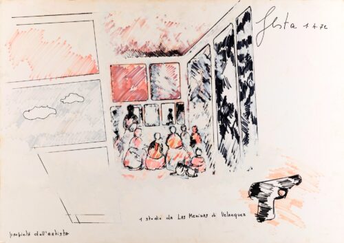 1972 1-4<br>1 studio da Las Meninas di Velasquez, proprietà dell'artista<br>tempera e pennarelli su carta<br>cm 70x100