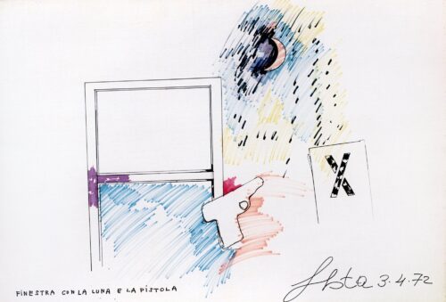 1972 3-4<br>Finestra con la luna e la pistola<br>pennarelli su carta<br>cm 70x100