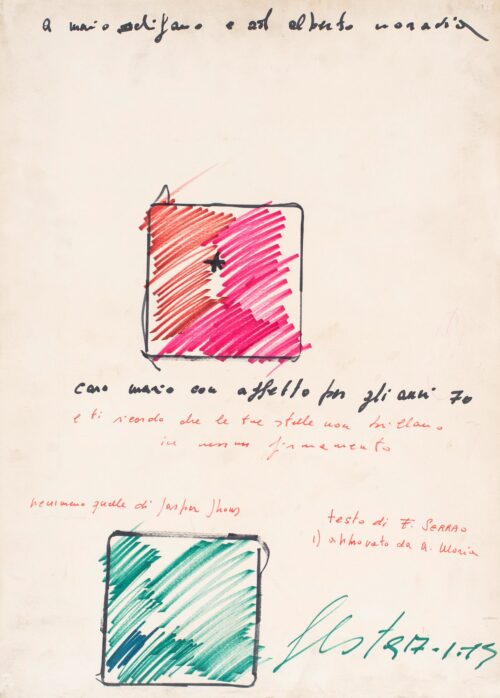 1973 17-1<br>A Mario Schifano e ad Alberto Moravia (caro mario con affetto per gli anni 70)<br>pennarelli su carta<br>cm 70x50