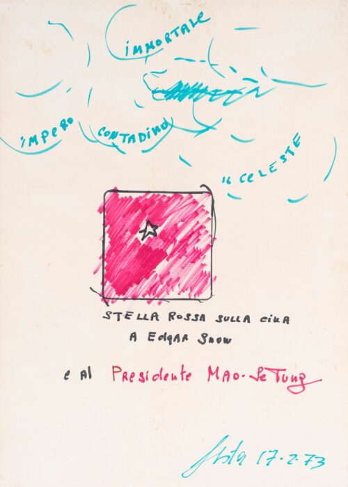 1973 17-2<br>Stella rossa sulla Cina, a Edgar Snow e al Presidente Mao Ze Tung<br>pennarelli su carta<br>cm 70x50