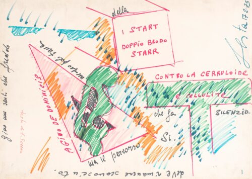 1973 17-2<br>Start, Doppio brodo Starr<br> pennarelli su carta<br>cm 50x70