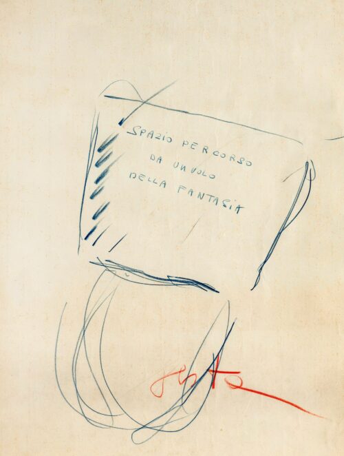 1973<br>Spazio percorso da un volo della fantasia<br>pastelli su carta<br>cm 53x40
