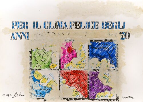 1973 19-1<br>Per il clima felice degli anni 70<br>tempera e pennarelli su carta<br>cm 70x100