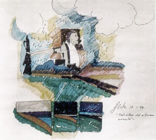 1974 17-1<br>Particolare del miliziano morente<br>pennarelli su carta<br>cm 70x70