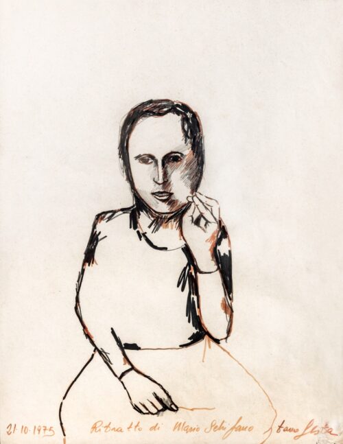 1975 21-10<br>Ritratto di Mario Schifano<br>grafite, pennarello, pastelli su carta<br>cm 50x40