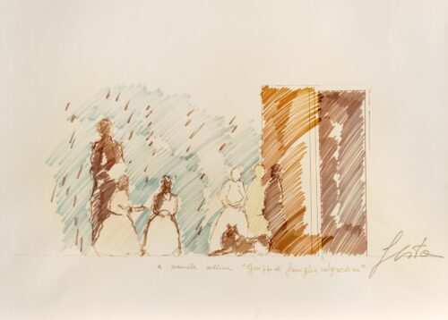 1975<br>Gruppo di famiglia nel giardino, a Emanuela Collina<br>pennarelli su carta<br>cm 50x70