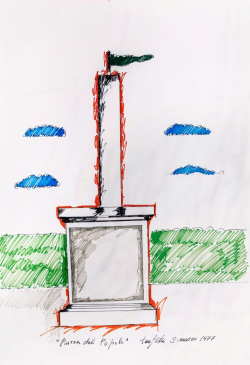 1977 3 marzo<br>Piazza del Popolo<br>pennarelli su carta<br> cm 100x70