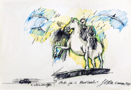 1977 6 marzo<br> Studio per il Marc'Aurelio<br>pennarelli su carta<br> cm 70x100