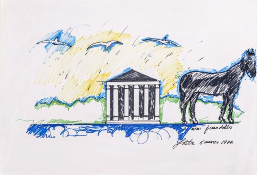 1977 6 marzo<br>A Ninì Pirandello<br>pennarelli su carta<br> cm 70x100