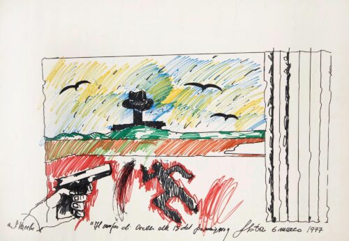 1977 6 marzo<br>Il campo di Arles alle 13 del pomeriggio<br>pennarelli su carta<br>cm 70x100